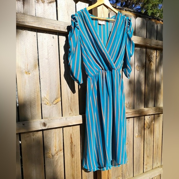 VTG 70s Blue Dress w/Rainbow Stripes - Picture 1 of 5